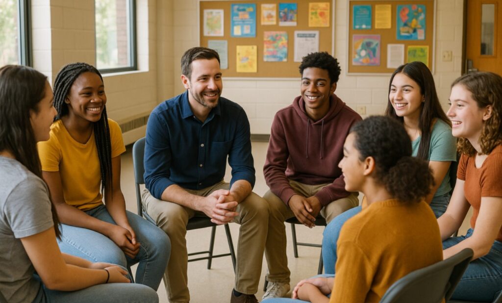 Adolescentes de 15 a 17 anos participando de roda de conversa no SCFV, fortalecendo vínculos sociais e comunitários.