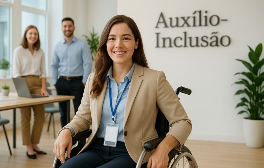 Mulher cadeirante sorridente em ambiente corporativo representa o Auxílio-Inclusão do BPC para pessoas com deficiência que trabalham.