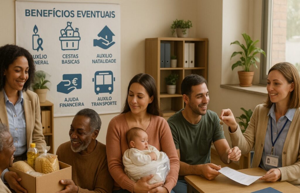 Famílias recebendo atendimento no CRAS sobre benefícios eventuais, como auxílio funeral, cestas básicas, auxílio natalidade, ajuda financeira e auxílio transporte.