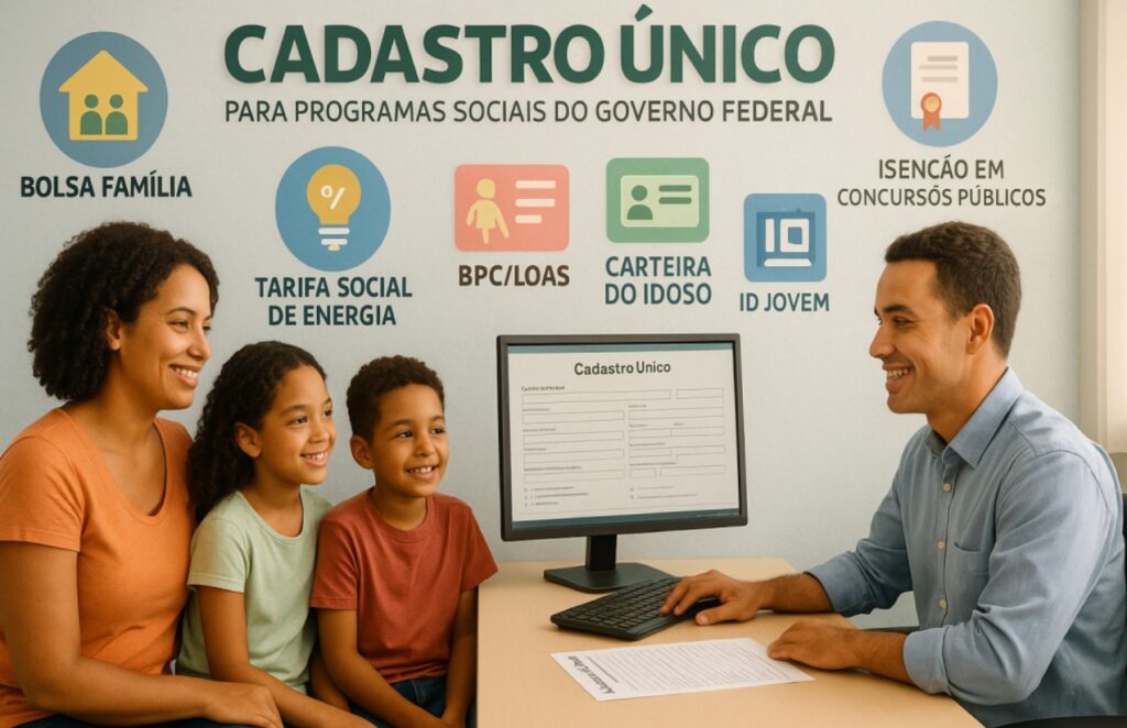 Família realizando o Cadastro Único no CRAS para ter acesso a programas sociais do governo federal como Bolsa Família, BPC/LOAS, Tarifa Social de Energia, Carteira do Idoso, ID Jovem e isenção em concursos públicos.