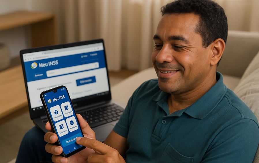 Homem brasileiro sentado em casa usando o aplicativo Meu INSS no smartphone, com notebook aberto exibindo o site oficial do INSS ao fundo, representando acessibilidade digital e praticidade nos serviços previdenciários.