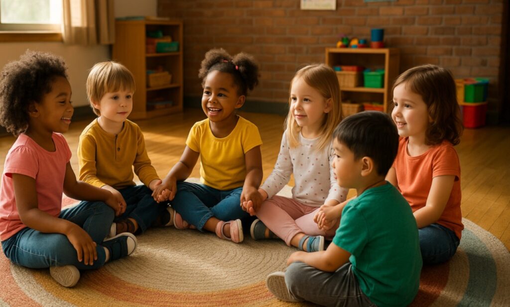 Crianças de 0 a 6 anos participando de atividade em grupo no SCFV, fortalecendo vínculos sociais e comunitários desde a infância.