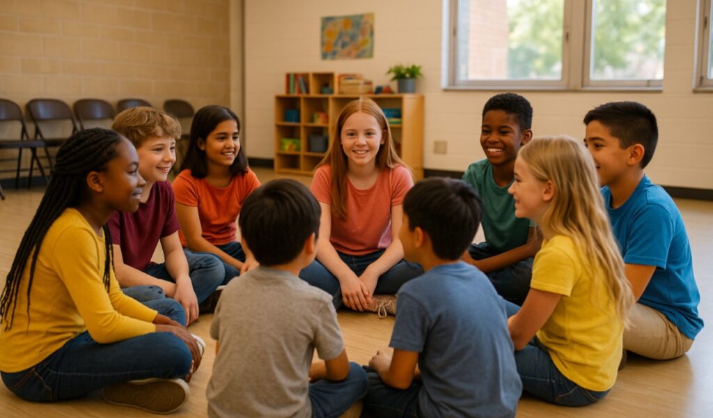 Crianças e adolescentes de 6 a 15 anos participando de roda de conversa no SCFV, fortalecendo vínculos sociais e comunitários.