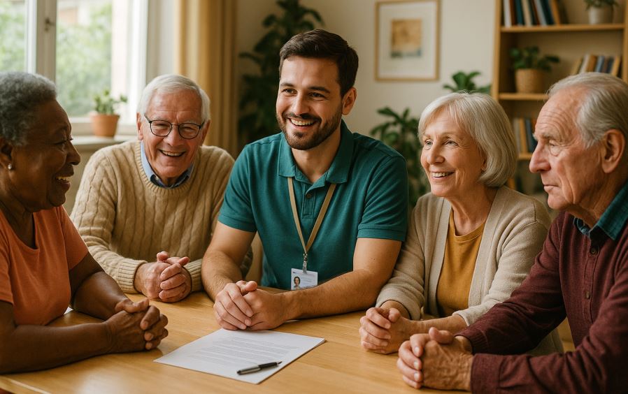 Idosos participando de oficina de orientação social do SCFV em sala de aula, aprendendo com assistente social.