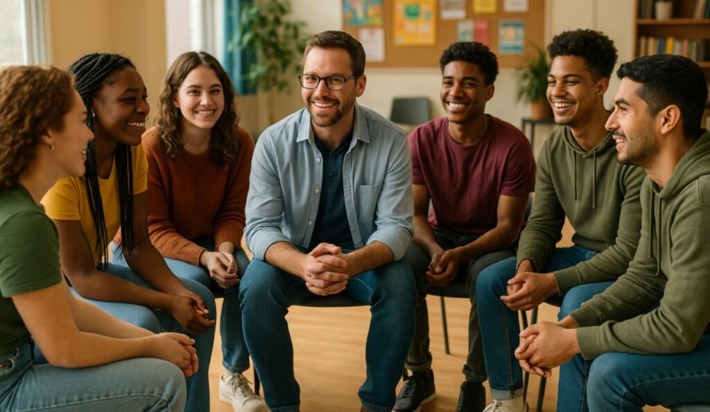 Jovens de 18 a 29 anos participando de roda de conversa no SCFV, fortalecendo vínculos comunitários e desenvolvendo autonomia.