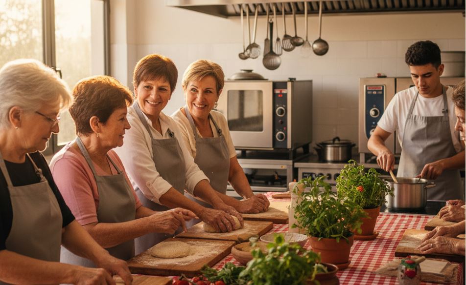 Oficina de culinária do SCFV: grupo de pessoas de diferentes idades cozinhando juntas e sorrindo em uma cozinha comunitária, promovendo convivência e fortalecimento de vínculos.