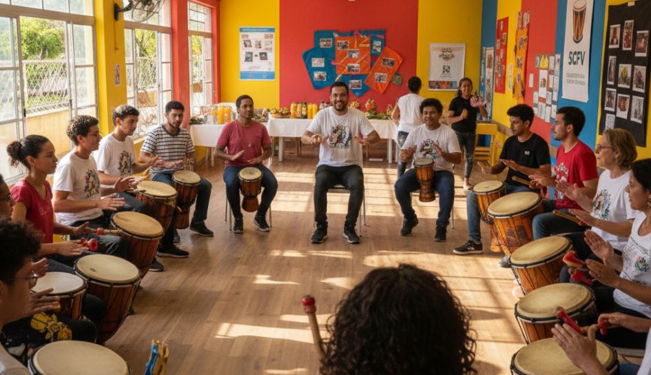 Grupo diversificado de participantes felizes em uma oficina de percussão do SCFV, tocando pandeiro e tambor, promovendo convivência comunitária.