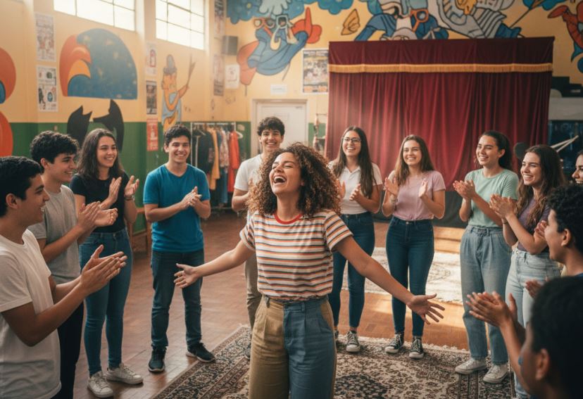 Adolescentes participando de oficina de teatro no SCFV: exercício de expressão corporal, diversidade e interação em grupo.