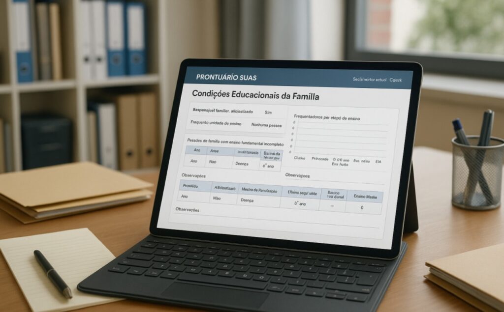 Prontuário SUAS em um tablet exibindo as condições educacionais da família, incluindo alfabetização, escolaridade e frequência escolar.