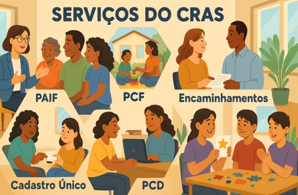 Ilustração mostrando os principais serviços do CRAS no Brasil, incluindo PAIF, PCF, encaminhamentos, Cadastro Único e atendimento a pessoas com deficiência (PCD).